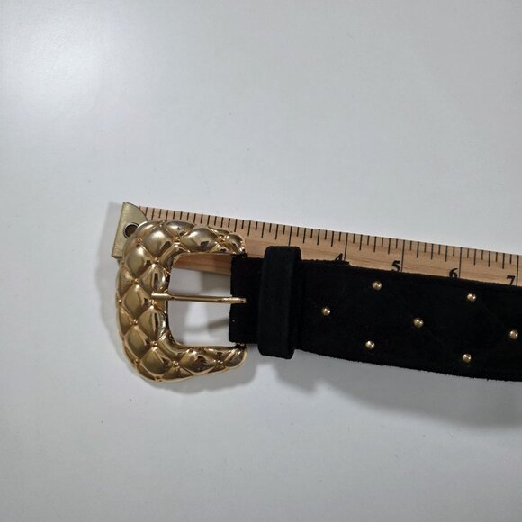 Leather Quilted Studded Belt Womens Black Gold Tone Metal Buckle Whimsigoth Y2K - Picture 4 of 10